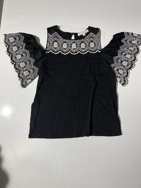 LOFT Black Cold-Shoulder Top with White Eyelet Trim